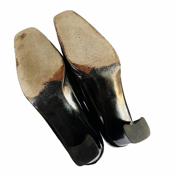 Stuart Weitzman Black Polished Leather Square Toe Block Heel Women’s Size 8W - Picture 12 of 14